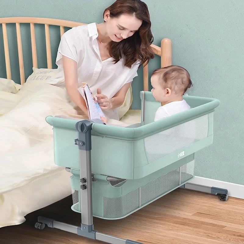 Cama de bebé portátil extraíble, cuna plegable de ajuste alto y bajo, gran cabecera, nido de bebé viene con balancín de colchón