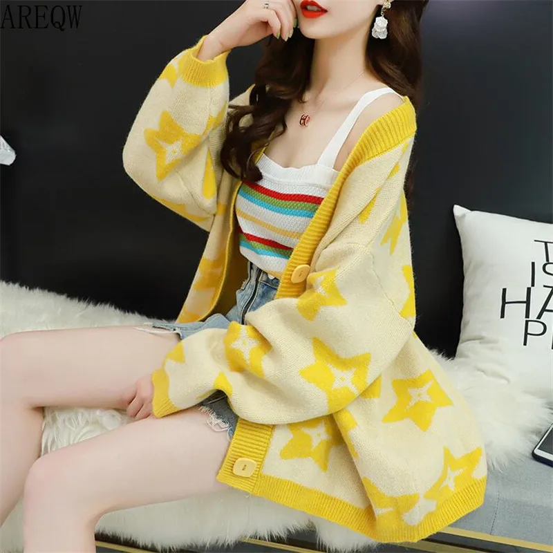 

Green Loose Outer Women Cardigan Sweater New Autumn Plain Long Sleeve Geometric Element Knit Jacket