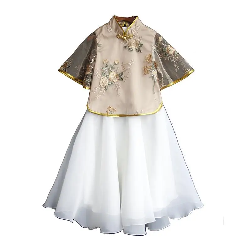Детские комплекты одежды для девочек; топ с вышивкой принцессы Hanfu+ юбка; комплект из 2 предметов; детская одежда; J397