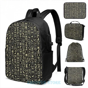 

Funny Graphic print Black & Gold Hieroglyphics USB Charge Backpack men School bags Women bag Travel laptop bag