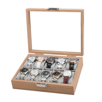 

10 Slot Watch Display Box Rosewood Compact Security Lock Transparent Cover Watch Storage Box
