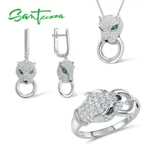 SANTUZZA Серебряный набор украшений для женщин из чистого 925 пробы серебра Трендовое кольцо с пантерой серьги кулон набор Белый CZ модное ювелирное изделие