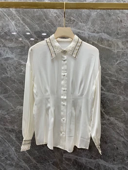 

2020 Early Autumn New Women's Heavy Industry Beaded Selvage Leader Mouth Decorative Lapel Long Sleeve All-match Shirt 717