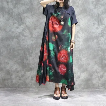 

Chinese National Style Silk Printing Long Dress Robe Retro Stand Collar Short Sleeve Irregular Hem Loose Dress for Womens