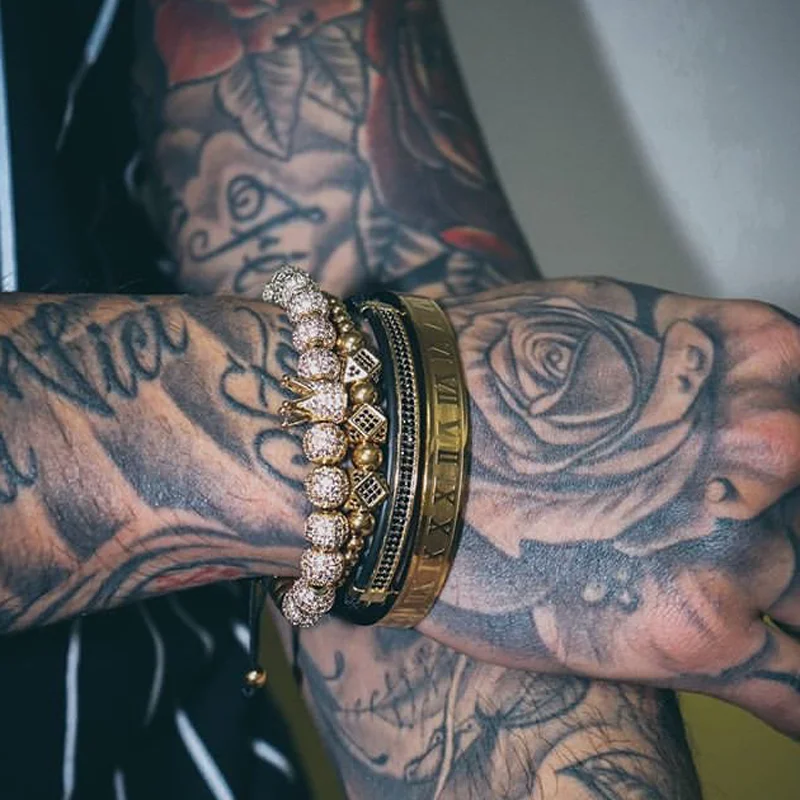 Gold Bracelet 4pc/set Men Luxury Bracelet CZ Crown Braided Micro Pave Cubic Zirconia Stainless Steel Beads Bracelet Jewelry Men - Image 6