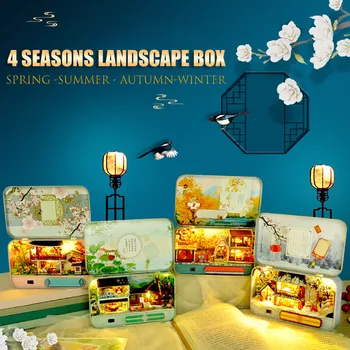 

4 Seasons Dollhouse Furniture Miniature Led Light Wooden Ancient Town Building Model Miniatures With Metal Box Children Gifts