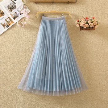 

new tall waist to show the optical network yarn thin elastic waist of long skirts in a word veil female pleated skirt
