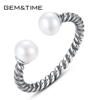 

Gem&Time New Vintage Freashwater Pearls Open Ring Pure 925 Sterling Silver Spiral Ring Charms Statement Finger Jewelry SR0128