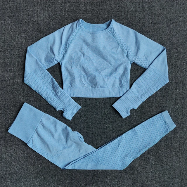 2/3/5PCS Seamless Women Yoga Set Workout Sportswear Gym Clothing Fitness Long Sleeve Crop Top High Waist Leggings Sports Suits Blue
