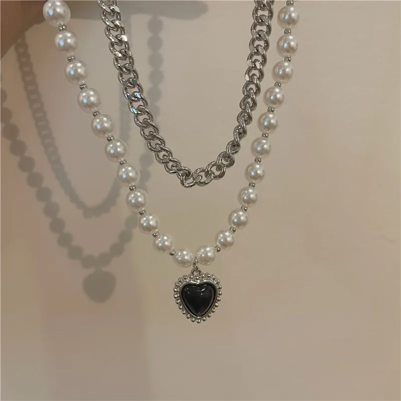 Harajuku Double Layer Black Heart Pendant Pearl Chain Choker Necklace