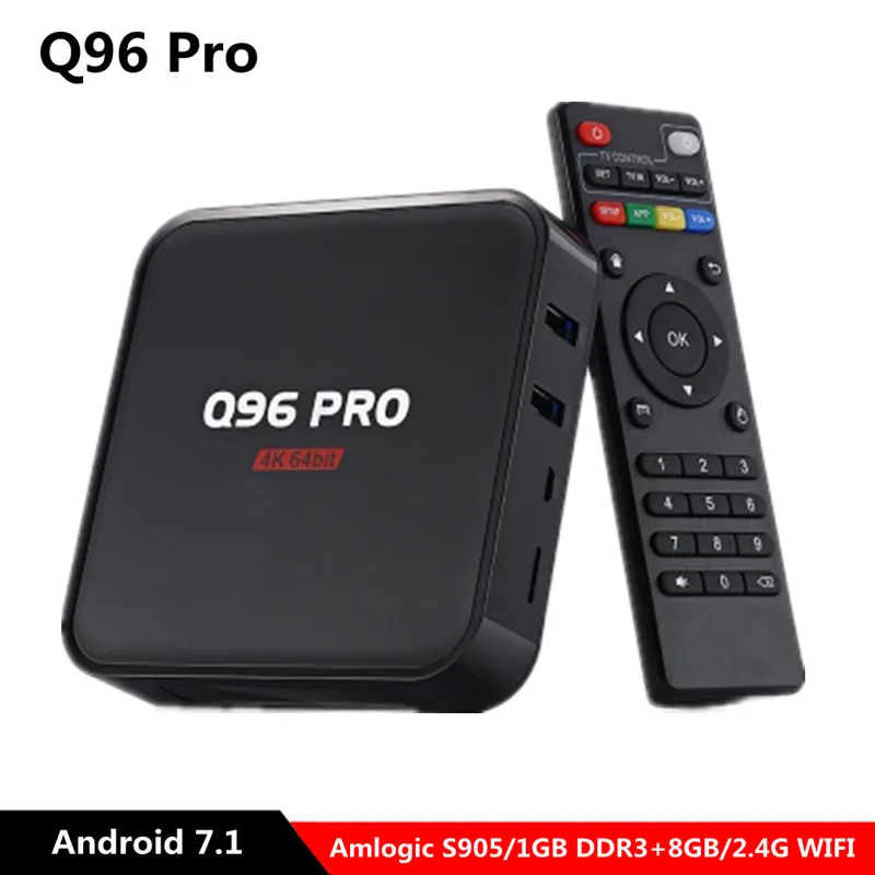 

Q96 Pro Android 7.1 Smart TV Box Amlogic S905 Quad Core 1GB DDR3+ 8GB EMMC Set Top Box 2.4G WiFi 100Mbps 4K Multilanguage Player