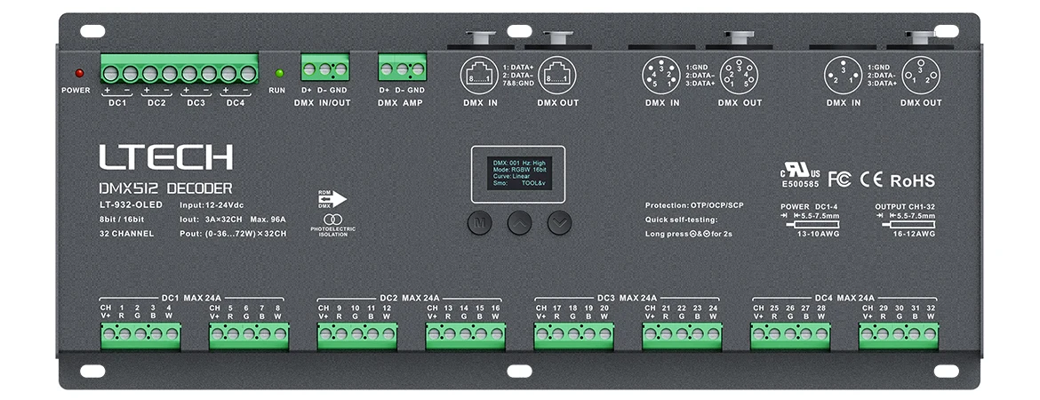 32CH DMX-PWM декодер; RGB/RGBW декодер 32 канала DMX DecoderDC12-24V вход; 3A* 32CH XLR-3/RJ45 Зеленый терминал