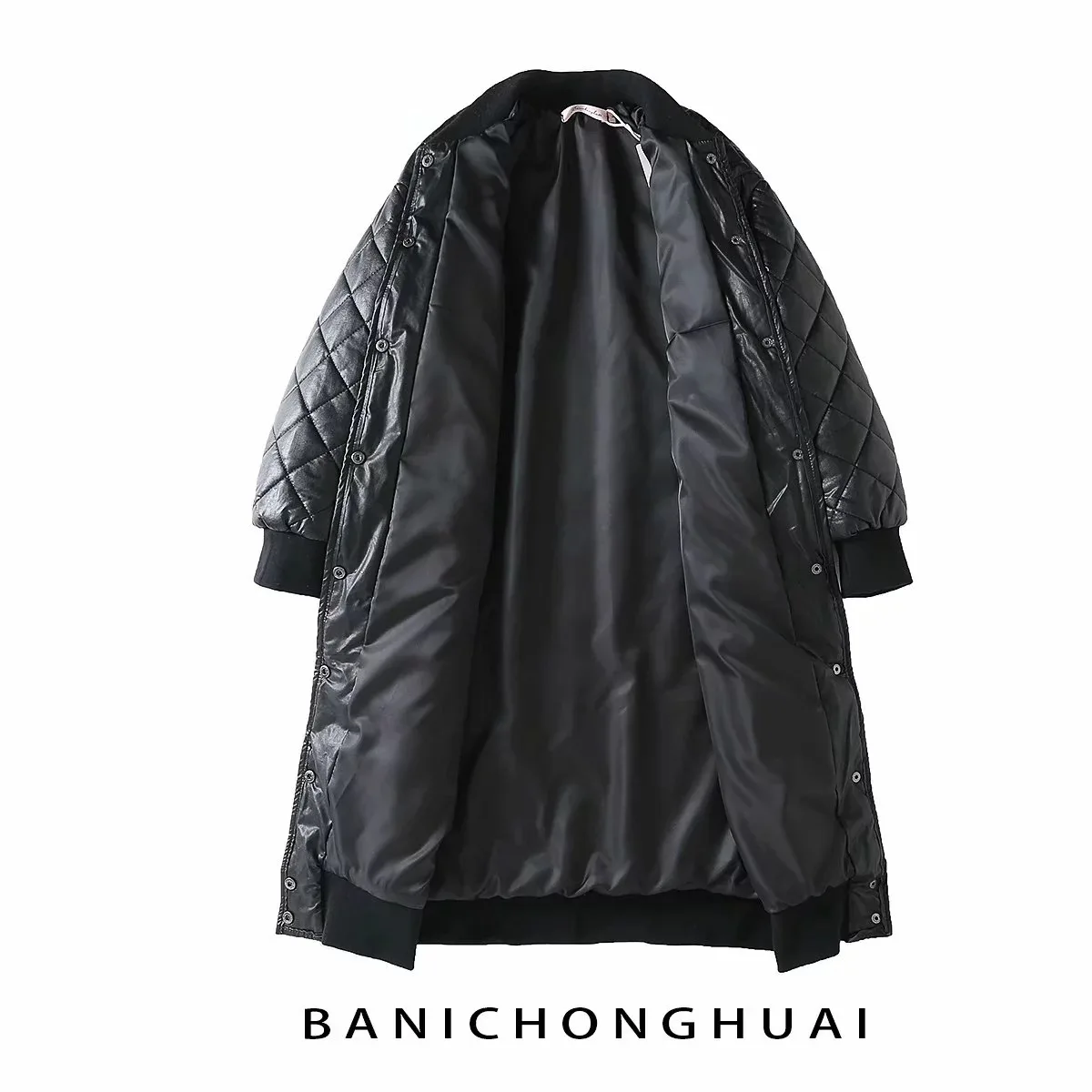 

2018 Autumn And Winter New Style Mid-length Thick Pu Long Profile Quilting Line Rhombus Plaid Cotton Coat Tops