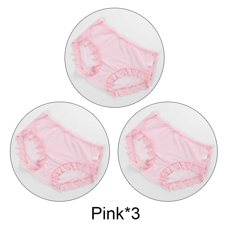 3 шт./партия, ультра-тонкие сексуальные кружевные трусики, полностью прозрачное женское белье, бесшовные сетчатые дышащие трусики, большие размеры - Цвет: Pink-3