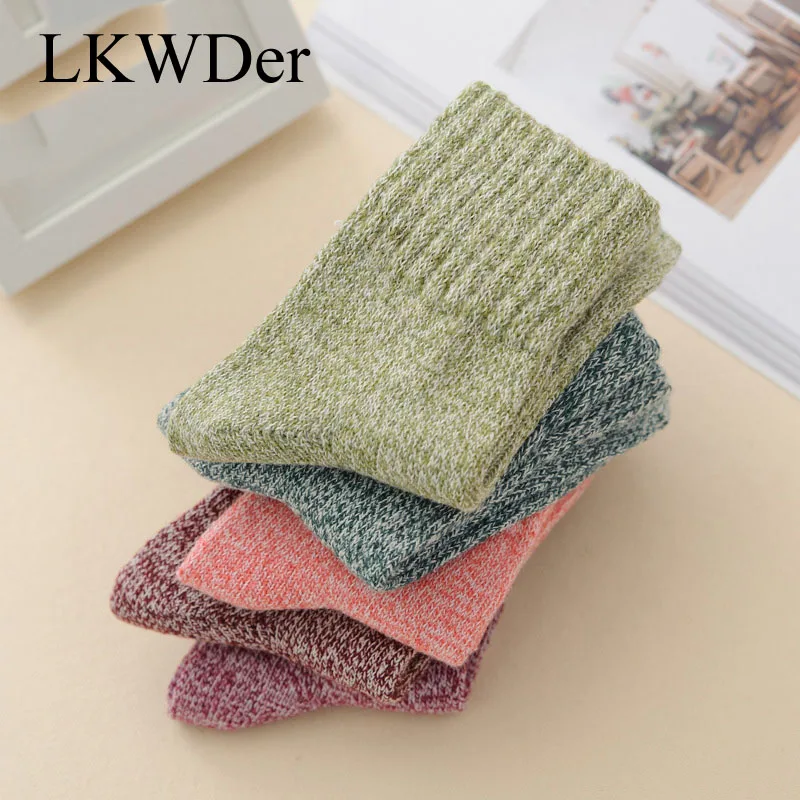 LKWDer 5 Pairs Solid Womens Socks Simple Winter Wool Thick Warm Breathable Elastic Force Fashion Mid Socks For Female Calcetines