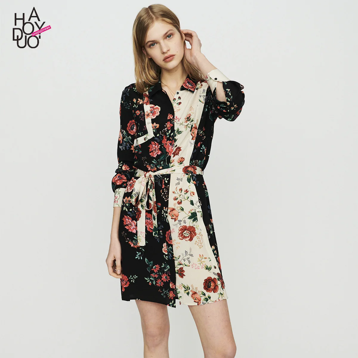 

Summer New Style WOMEN'S Dress Western Style French Romantic Cool Double Color Printed Stitching Shirt Dress