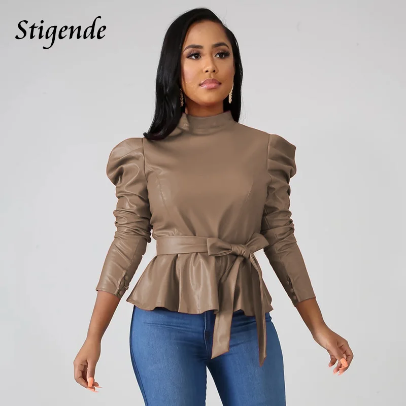  Stigende Women Long Sleeve Leather Pu Blouse Shirt Casual Solid Color Stand Neck Ruffle Shirts Autu