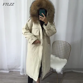 

FTLZZ Large Real Natural Raccoon Fur Down Coat Winter Hooded White Duck Down Long Jacket Women Loose Thick Warm Parkas