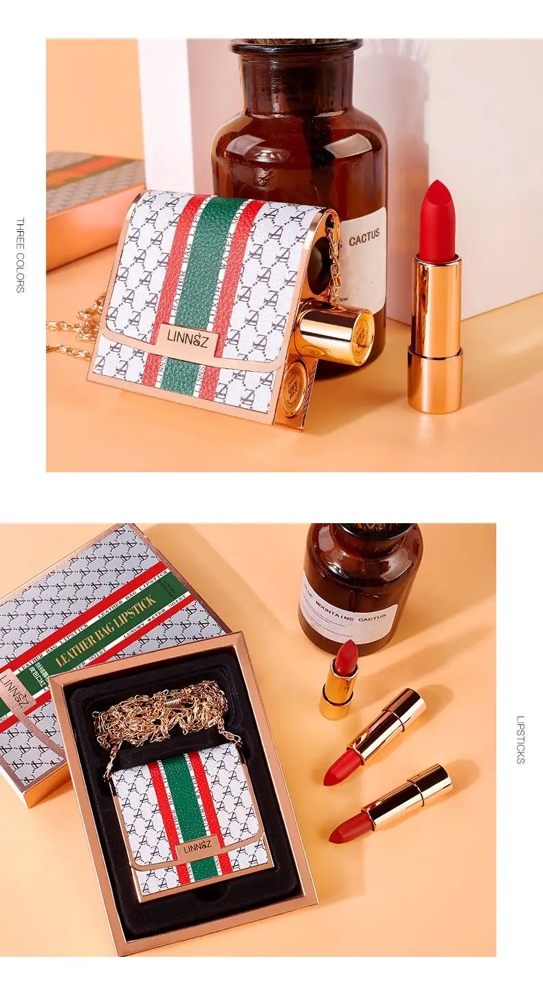 Bolsa de Luxo Matte Inovação Batom Diamante Laço Couro Conjunto 3 Pçs Wateproof Escuro Nude Ouro Metálico Halal 9 laço couro batom conjunto 3 pçs wateproof