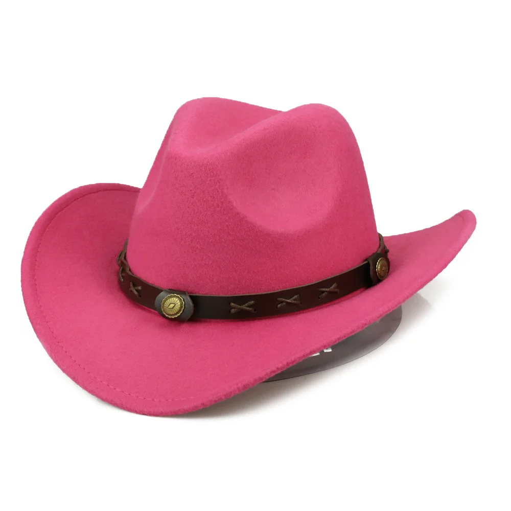 Rose Jazz Cap YY из искусственной кожи ремень ковбойские шляпы для женщин зимние теплые ковбойские мужские обжимные поля Джаз Fedora ковбой Hoed Vrouwen FD19055 - Цвет: Rose Jazz Cap