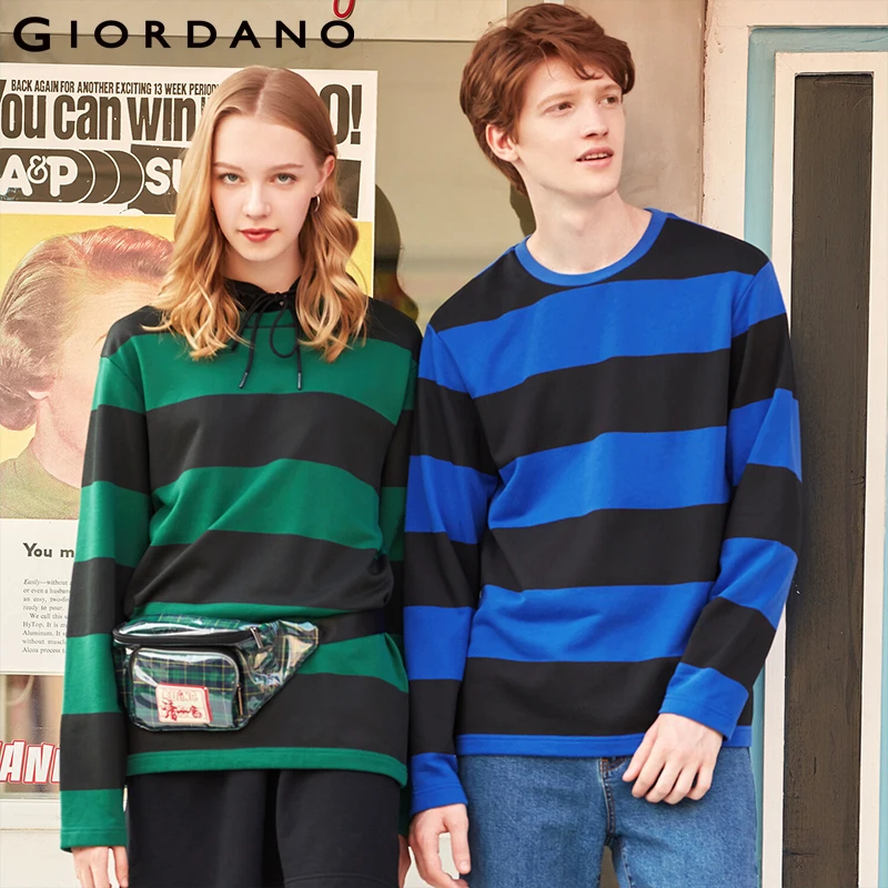

Giordano Men Pullover Sweatshirt Men Contrast Color Striped Crewneck Long Sleeve Sweatshirt Man French Terry Sudadera Hombre