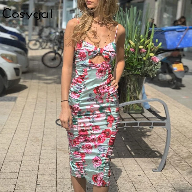 COSYGAL элегантное Цветочное платье с принтом женское миди вырезами для клувечерние