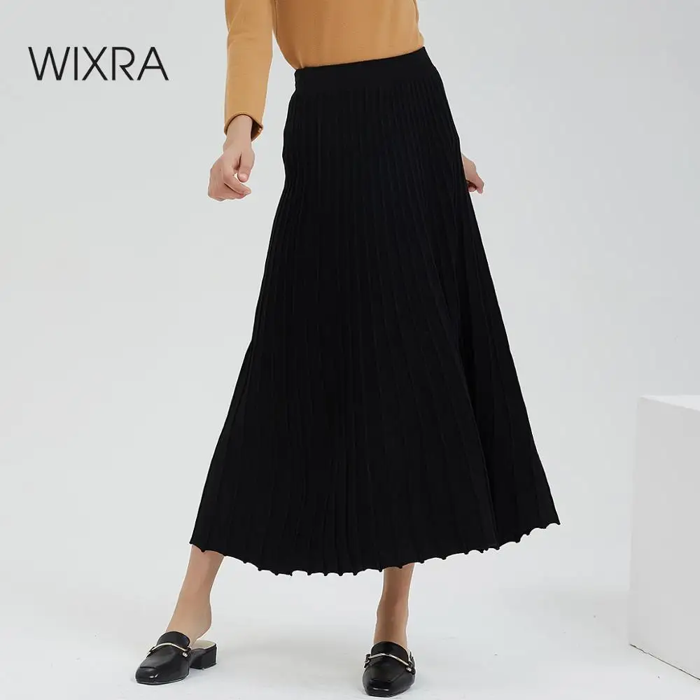 Baratos Wixra faldas de punto de cintura alta 2019 Otoño Invierno mujer elegante de punto suelta Casual negro sólido falda de las señoras