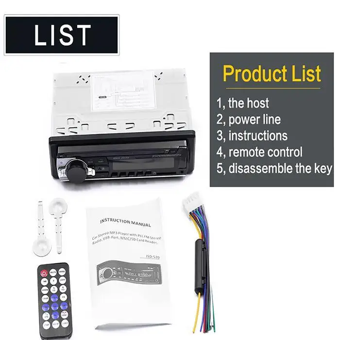 Bluetooth V2.0 JSD-520 Stereo Autoradio Car Radio 12V In-dash 1 Din FM Aux Input Receiver SD USB MP3 MMC WMA Car Audio Player