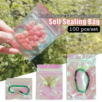 

100 Pcs Iridescent Zip lock Bags Pouches Cosmetic Hologram Holographic Clear Bag