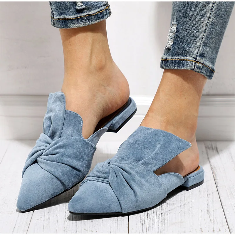 

2020 Women Slippers Flock Bowtie Female Mules Fashion Low Heels Shoes Pointed Toe Ladies Plus Size Elegant Woman zapatos mujer