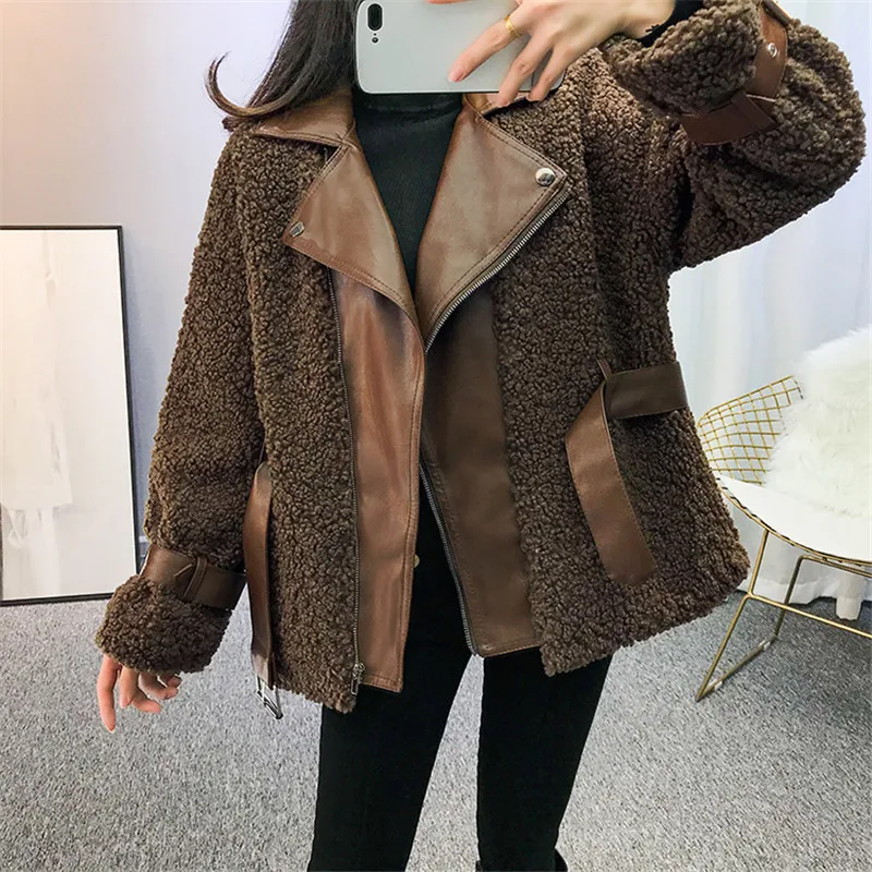 coffee coat MUMUZI новые зимние женские пальто из овчины утолщенное Женское пальто из искусственной кожи с мехом меховая подкладка кожаная куртка Авиатор - Цвет: coffee coat