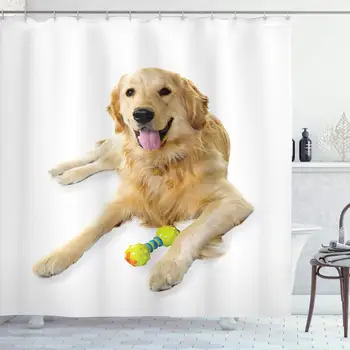 

Golden Retriever Shower Curtain, Pet Dog Laying Down with Toy Friendly Domestic Puppy Playful Companion, Cloth Fabric Bathroom