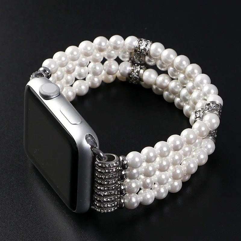Мода ручной работы эластичный стрейч искусственный жемчуг натуральный камень браслет Замена iWatch ремешок для женщин девочек для Apple Watch ремешок 38 м
