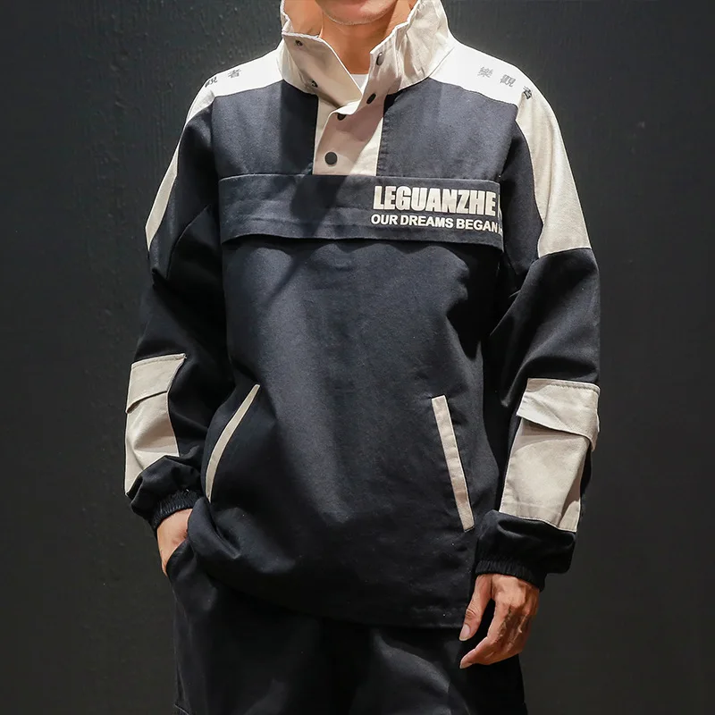 

2019 Autumn New Style Japanese-style Mixed Colors Stand Collar Jacket Men's Pullover Coat Loose And Plus-sized Men'S Wear