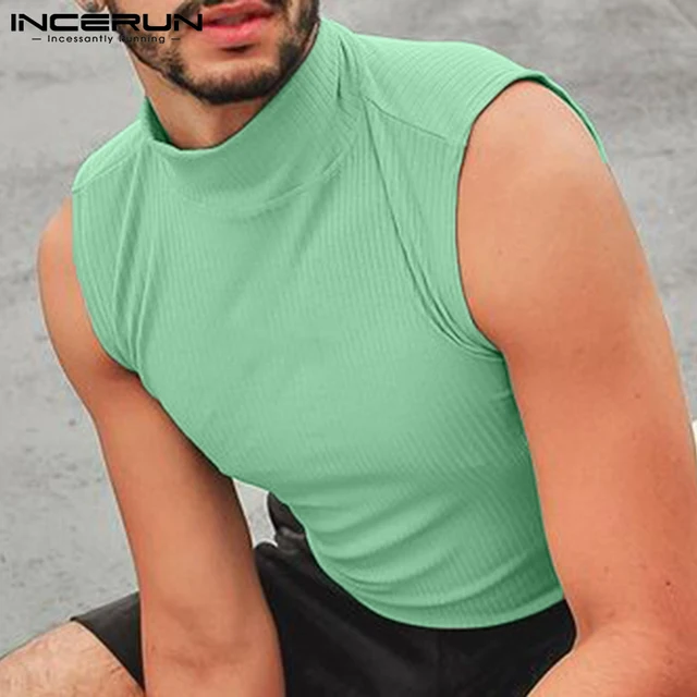 INCERUN Men Tank Tops Turtleneck Sleeveless 2021 Solid Color Vests Men Streetwear Skinny Fashion Casual Sexy