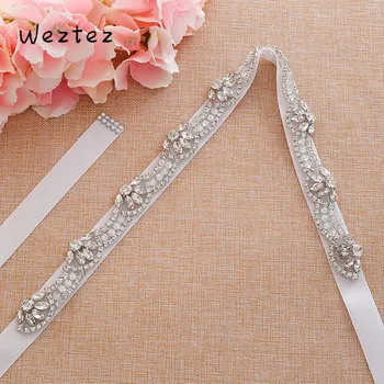 

Silver Crystal Wedding Belt Thin Rhinestones Wedding Dress Sash Pearls Bridal Belt For Bridal Accessories A214S
