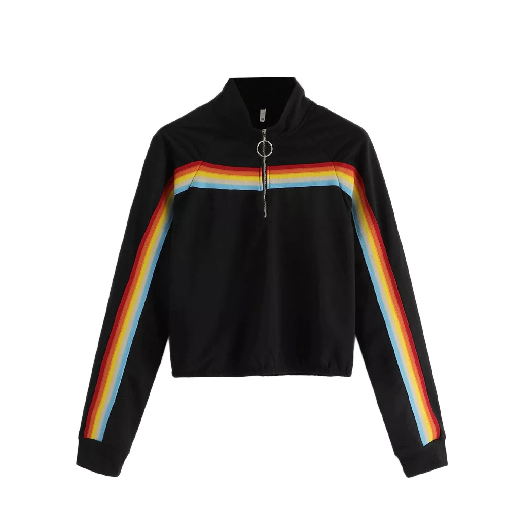 Ladies Zipper Half Placket Sweatshirt Contrast Tape Side Stand Turtleneck Autumn Casual Women Crop Tops Girls Ladies 809
