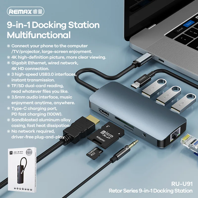 REMAX Type C Hub To HDMI-compatible HUB Converter Docking Station 5-in-1 9-in-1 Splitter |