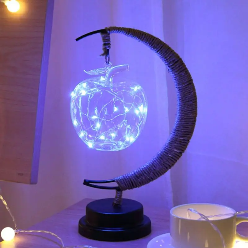

Apple Shape Table Lamp Crescent Iron Stand Hemp Rope Wrought Light for Home Bar