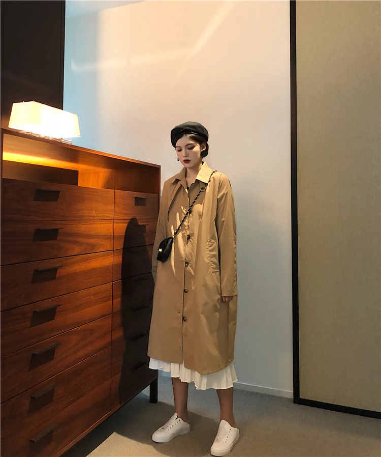 Hong Kong стиль ретро воротник поло Тренч Женский Осень стиль свободный крой средней длины длинный рукав однобортный Sol