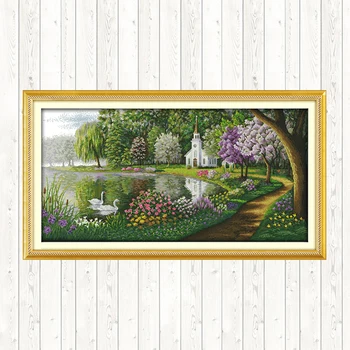

Green Lake Scenery Painting 14CT Counted Printed on Canvas 11CT DMC Floss Embroidery Kit DIY Handwork Needlework Kits Home Decor