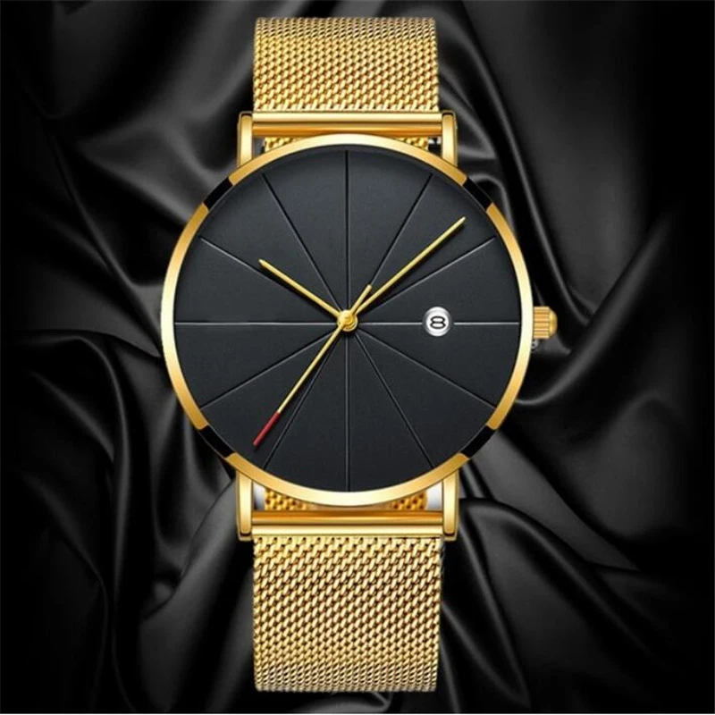 Новейшие мужские часы, простые, из нержавеющей сетки, классические, кварцевые, с датой, деловые, повседневные, с сетчатым ремешком, наручные часы, мужские часы