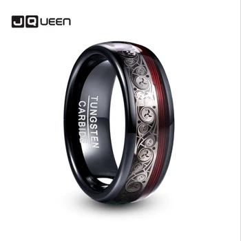 

JQUEEN 8mm Wide Tungsten Steel Ring Plating Black Inlay Triple Spiral Pattern+Red Guitar String Tungsten Carbide Ring hot sell
