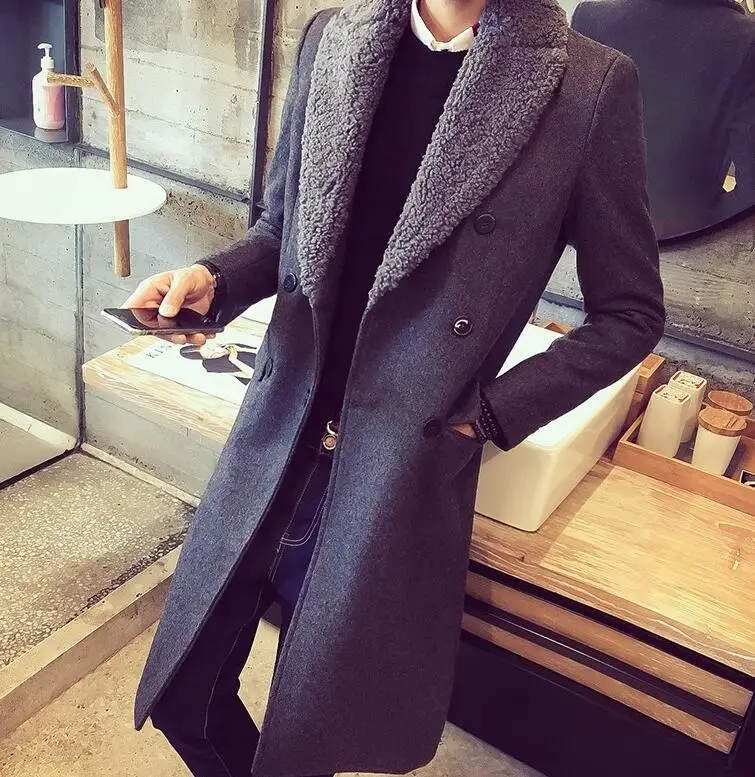 grey Новинка, мужской длинный Тренч, зимнее пальто с меховым воротником, Sabretudo, утолщенное теплое шерстяное пальто, приталенное, двубортное, Мужское пальто - Цвет: grey