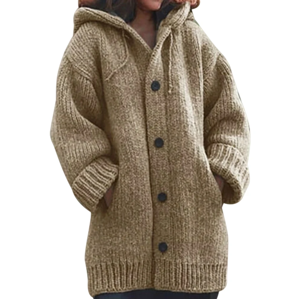 Button Down Hooded Knitted Cardigan Outerwear Solid Color Long Sleeve for Winter TY66 long duvet coat Coats & Jackets