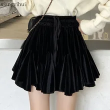 3XL осенние плиссированные женские золотые бархатные черные юбки на шнуровке с эластичной резинкой на талии, Зимняя юбка, высококачественная повседневная женская мини-юбка