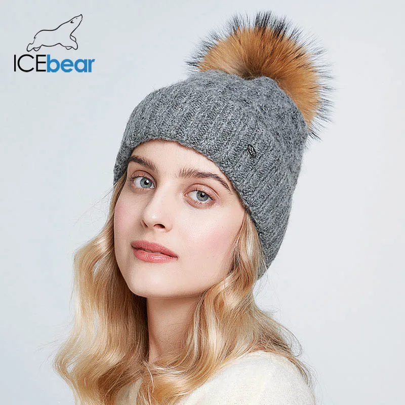 ICEbear зимние шапки для женщин натуральный мех помпон шапка теплые осенние вязаные шапки для женщин модные вязаные шапочки Женские шапки E-MX19113Q - Цвет: 06D