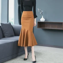 Шерстяные юбки женские Осень-зима с высокой талией, шерстяная длинная юбка-Русалка облегающее офисное платье, юбка с оборками, Saia Longa