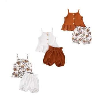 

2020 Summer Holiday Kids Clothes Knitted Button Solid Vest Tops+Floral Shorts Bloomers Toddler Baby Clothes Boho 2Pcs Set 12M-5Y