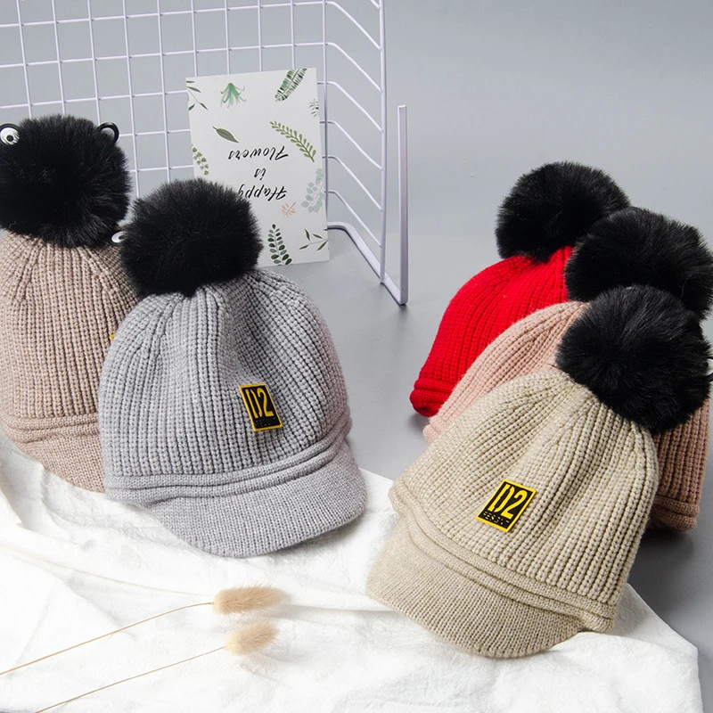 Детские шапки из искусственного меха с помпонами, вязаные шапки из основной шерсти, регулируемая шапка-чалма, мягкие однотонные шапки для детей, шапки для мальчиков и девочек на осень и зиму